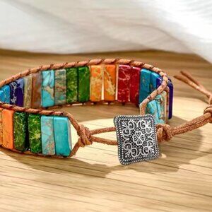7 Chakra Bracelet Handmade Natural Stone Tube Beads Leather Wrap Women Bangle